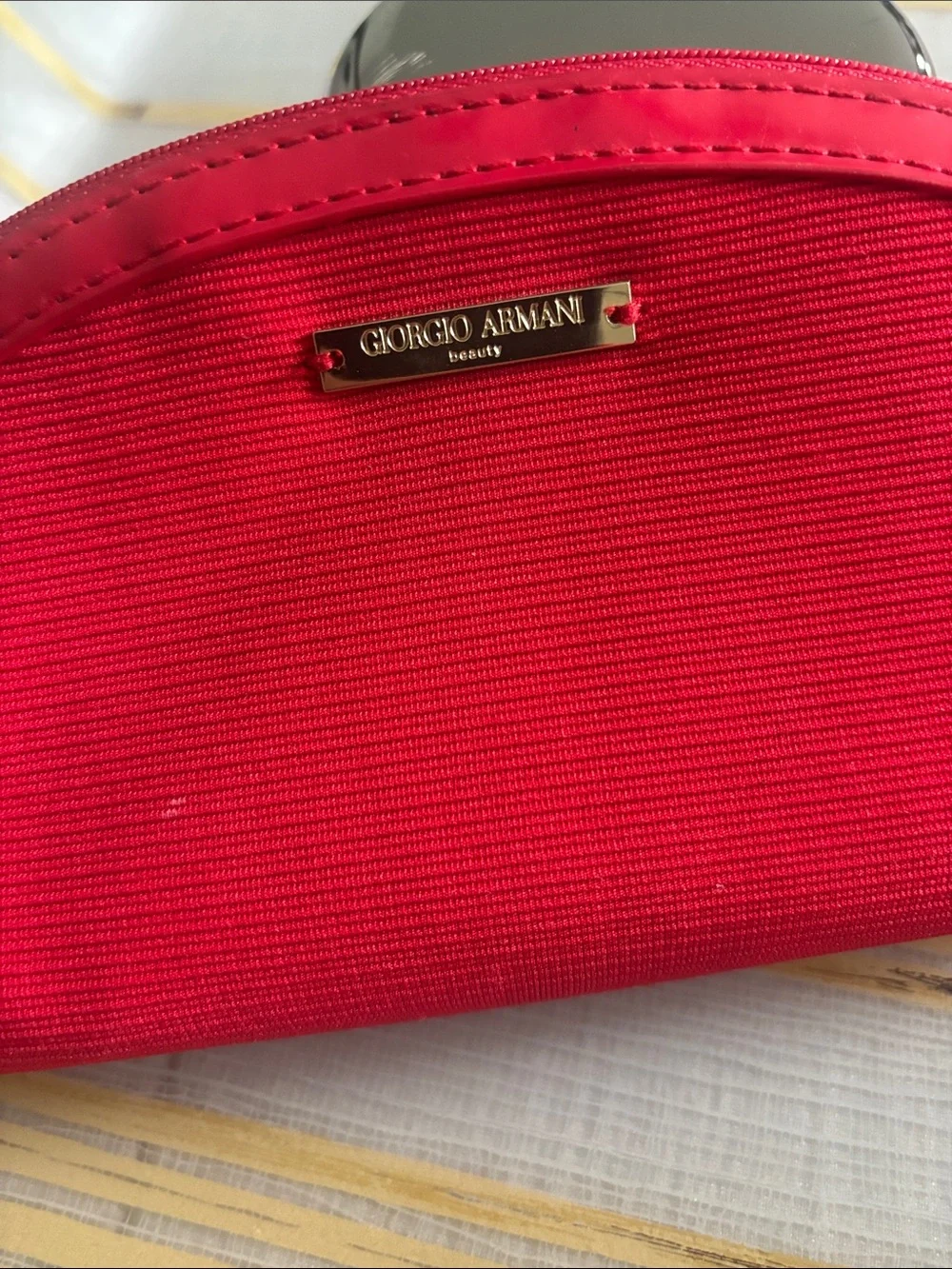 Giorgio Armani Vibrant Red Wristlet Clutch with Gold Emblem